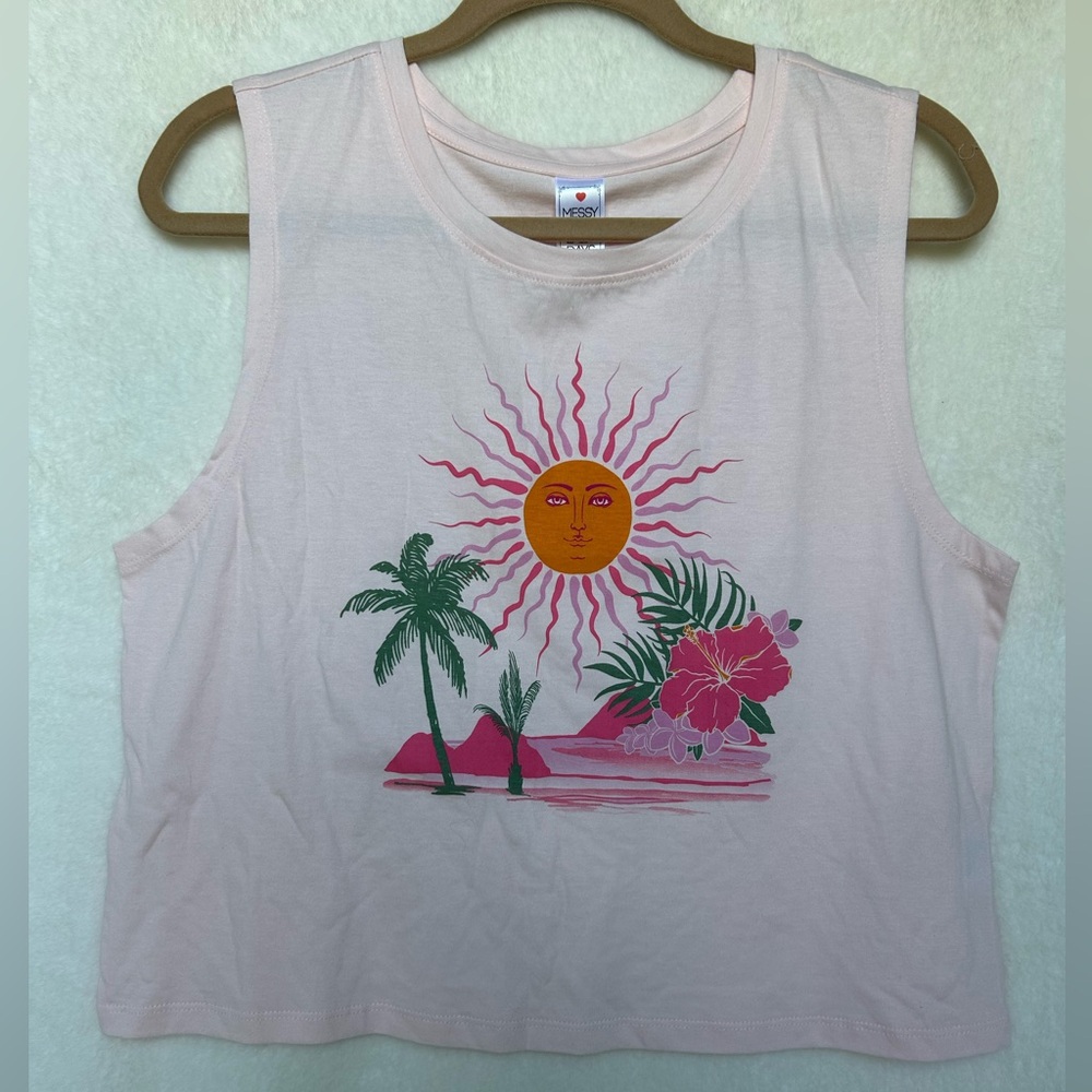 Pink Cropped Muscle Tank Boho Tropical Sunset Graphic Tee Size XL
